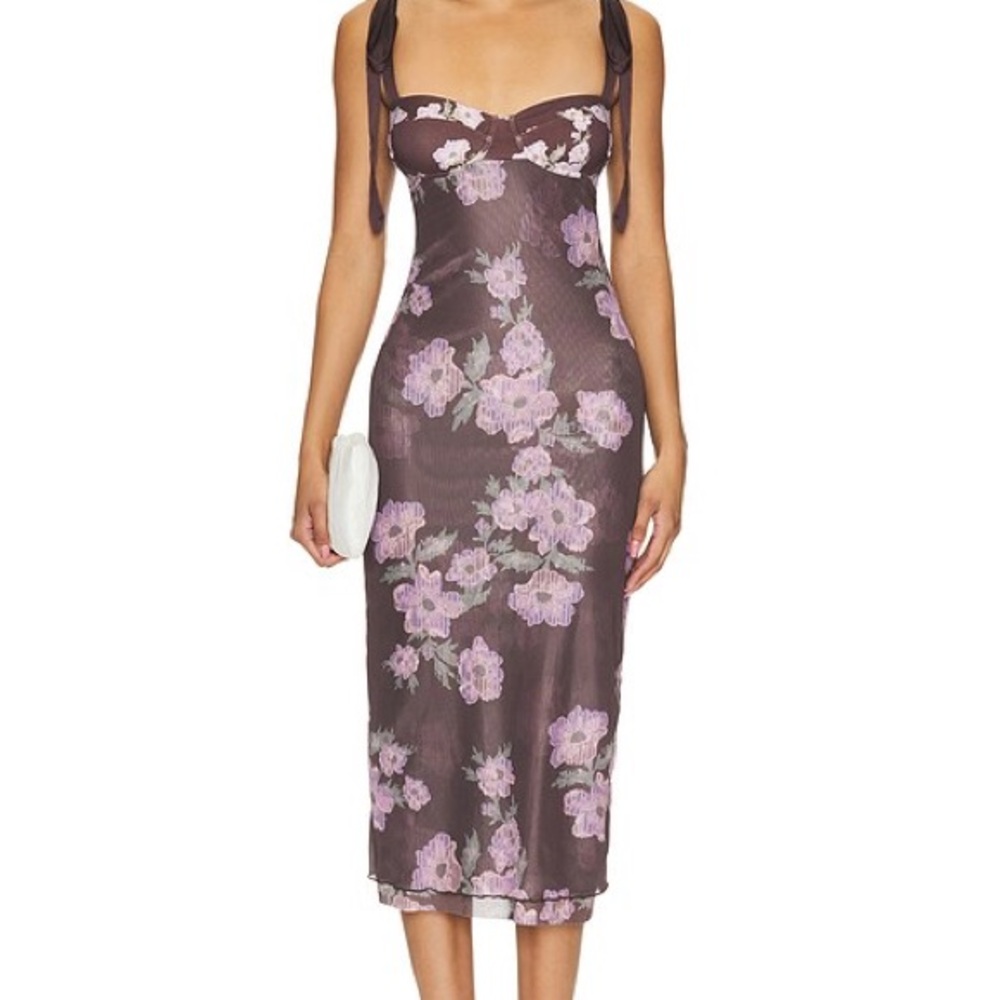 Free People Brown Mesh Floral Tie-Shoulder Slip Dress